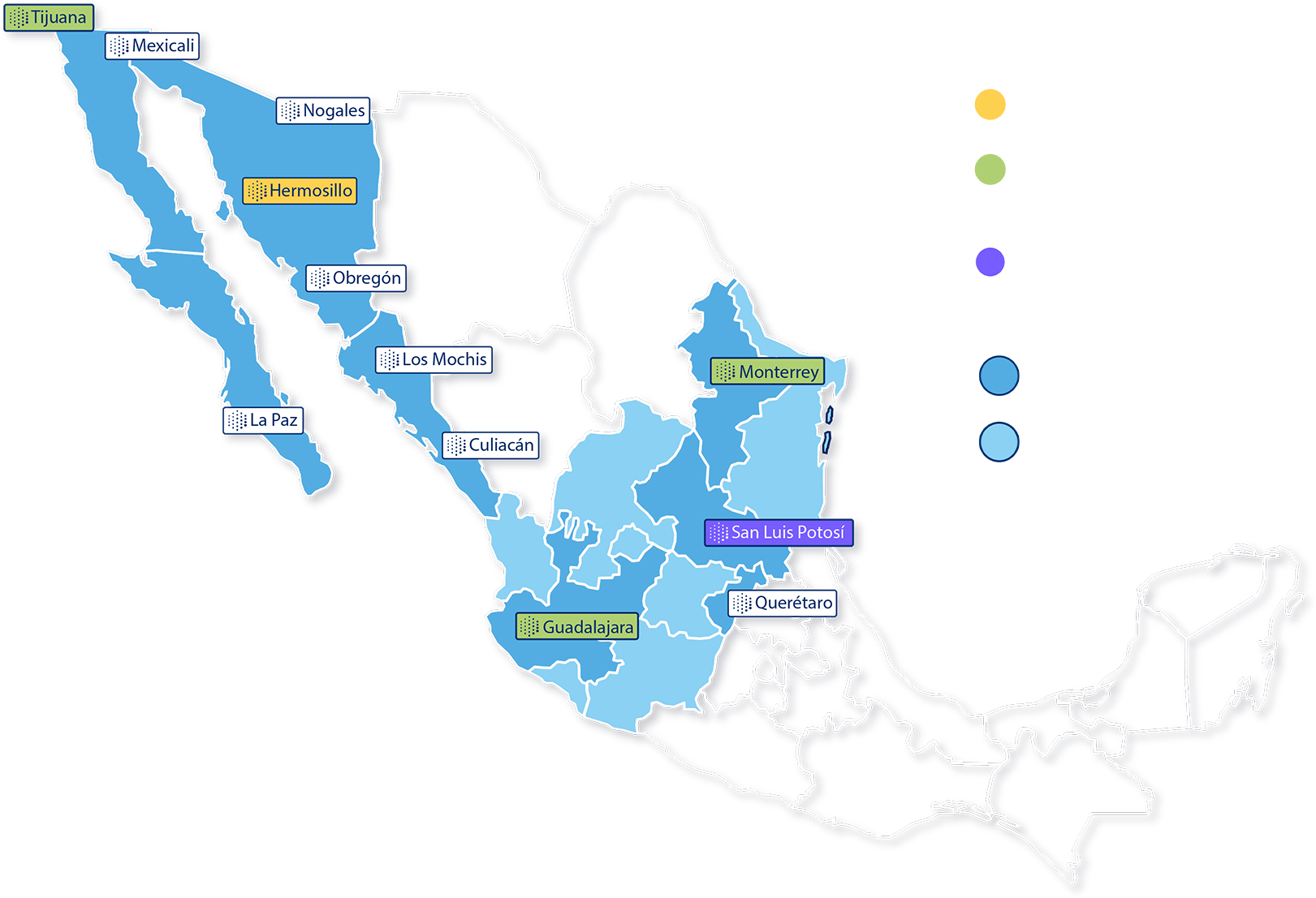Mapa de cobertura T&P: sucursales en Tijuana, Mexicali, Nogales, Hermosillo, Cd. Obregón, Los Mochis, La Paz, Culiacán, Monterrey y Querétaro, centro de distribución en Hermosillo, Monterrey y Guadalajara, e ingeniero de ventas en San Luis Potosí
