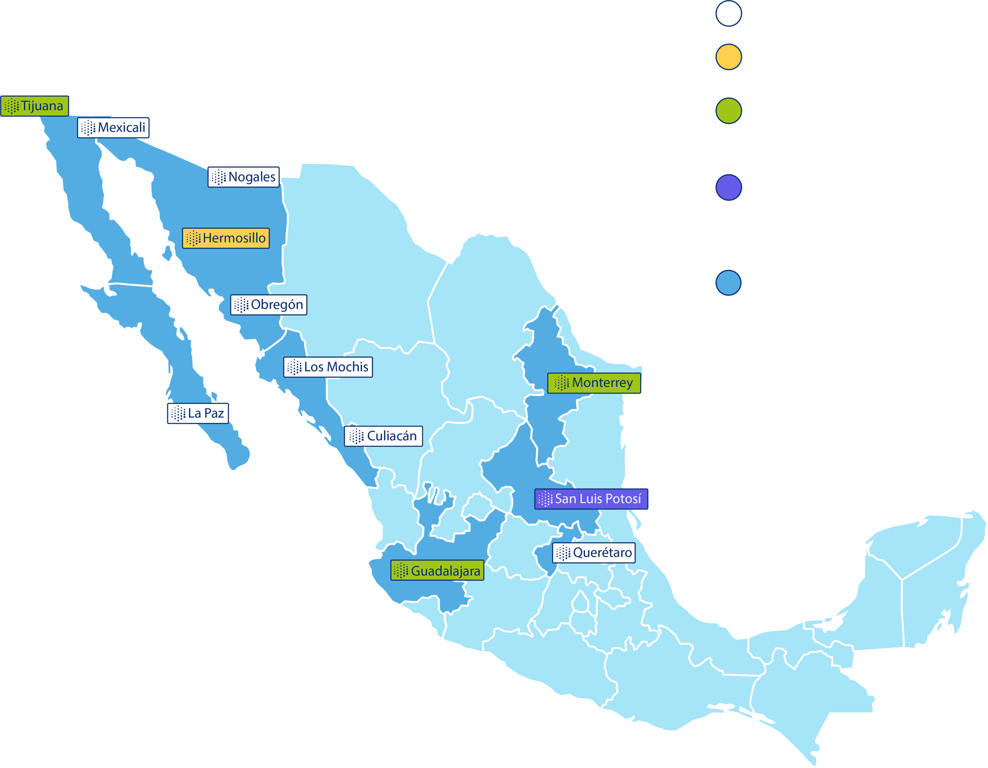 Mapa de cobertura T&P: sucursales en Tijuana, Mexicali, Nogales, Hermosillo, Cd. Obregón, Los Mochis, La Paz, Culiacán, Monterrey y Querétaro, centro de distribución en Hermosillo, Monterrey y Guadalajara, e ingeniero de ventas en San Luis Potosí
